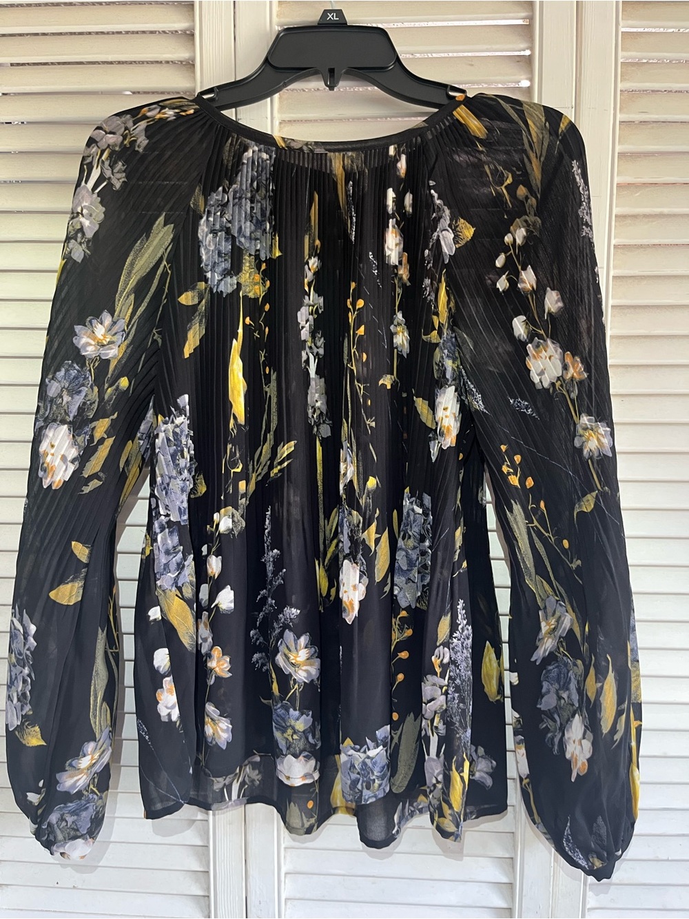 a new day Black Floral Pleated Long-Sleeve Blouse with Yellow Accents